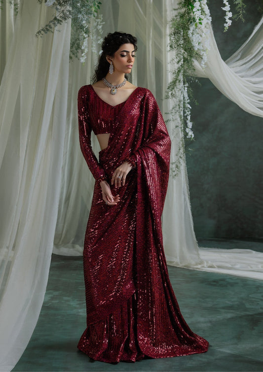Aik Atelier | Sari Edit 2024 | SARI EDIT '24 VOL. 1 - LOOK 03 - Designer Dress with Intricate embroidery and embellishments. Shop elegent wedding dress at Maria Faisal.