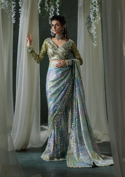 Aik Atelier | Sari Edit 2024 | SARI EDIT '24 VOL. 1 - LOOK 06 - Designer Dress with Intricate embroidery and embellishments. Shop elegent wedding dress at Maria Faisal.