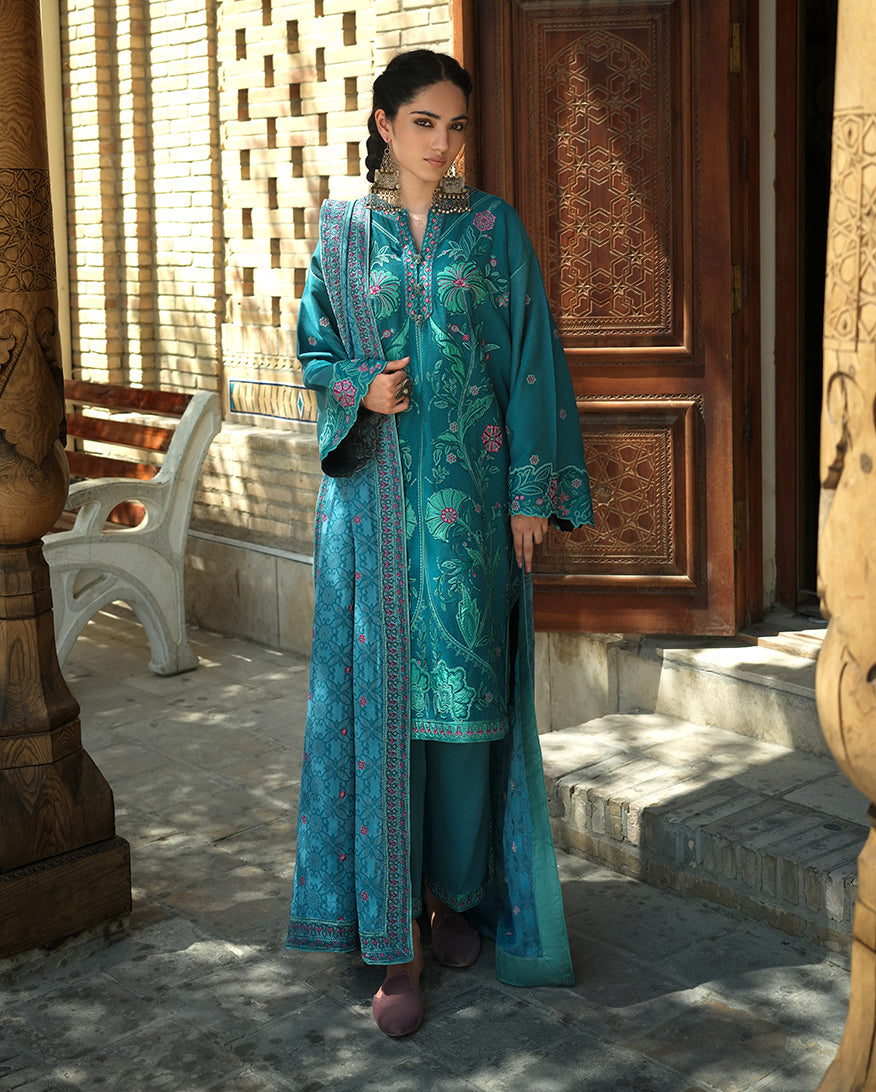 Mushq | Bukhara Winter Edit | Azure Courtyard - Luxury Dress - available at Maria Faisal in UK and USA.