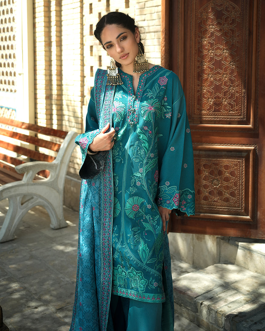Mushq | Bukhara Winter Edit | Azure Courtyard - Luxury Dress - available at Maria Faisal in UK and USA.