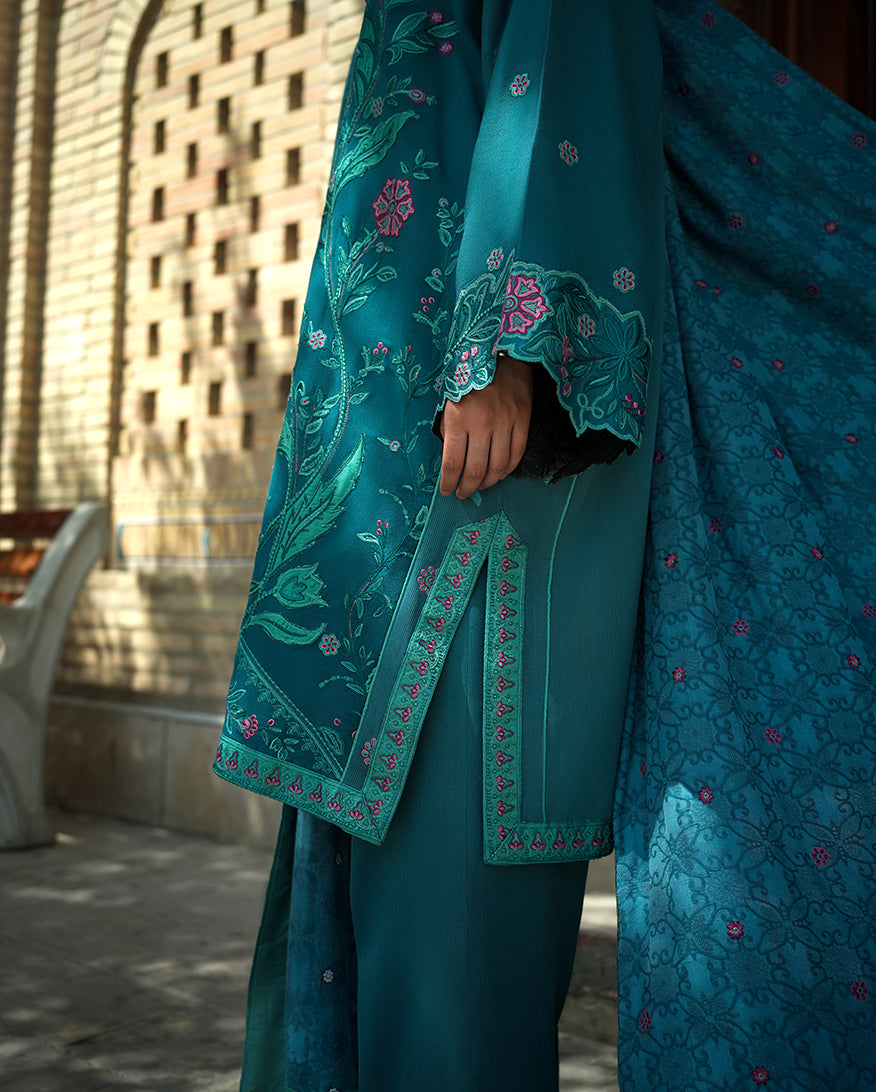 Mushq | Bukhara Winter Edit | Azure Courtyard - Luxury Dress - available at Maria Faisal in UK and USA.