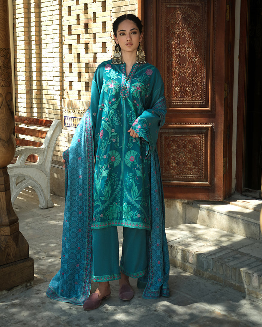 Mushq | Bukhara Winter Edit | Azure Courtyard - Luxury Dress - available at Maria Faisal in UK and USA.