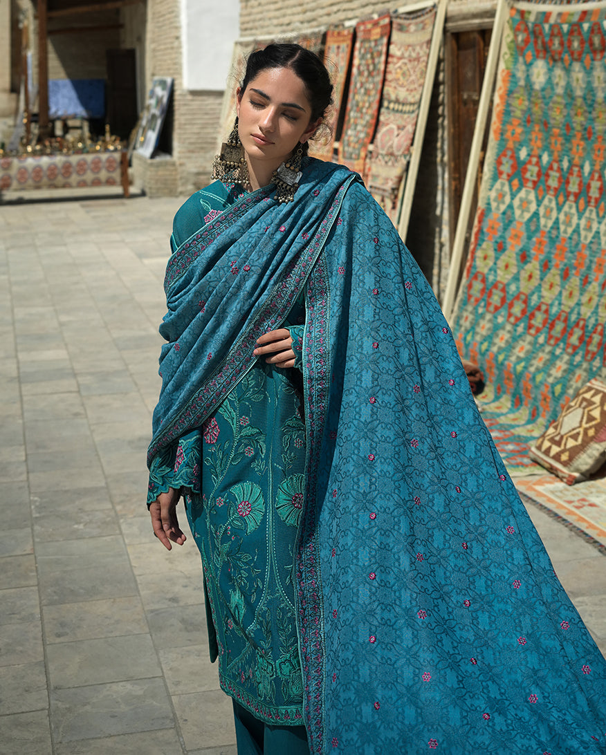 Mushq | Bukhara Winter Edit | Azure Courtyard - Luxury Dress - available at Maria Faisal in UK and USA.