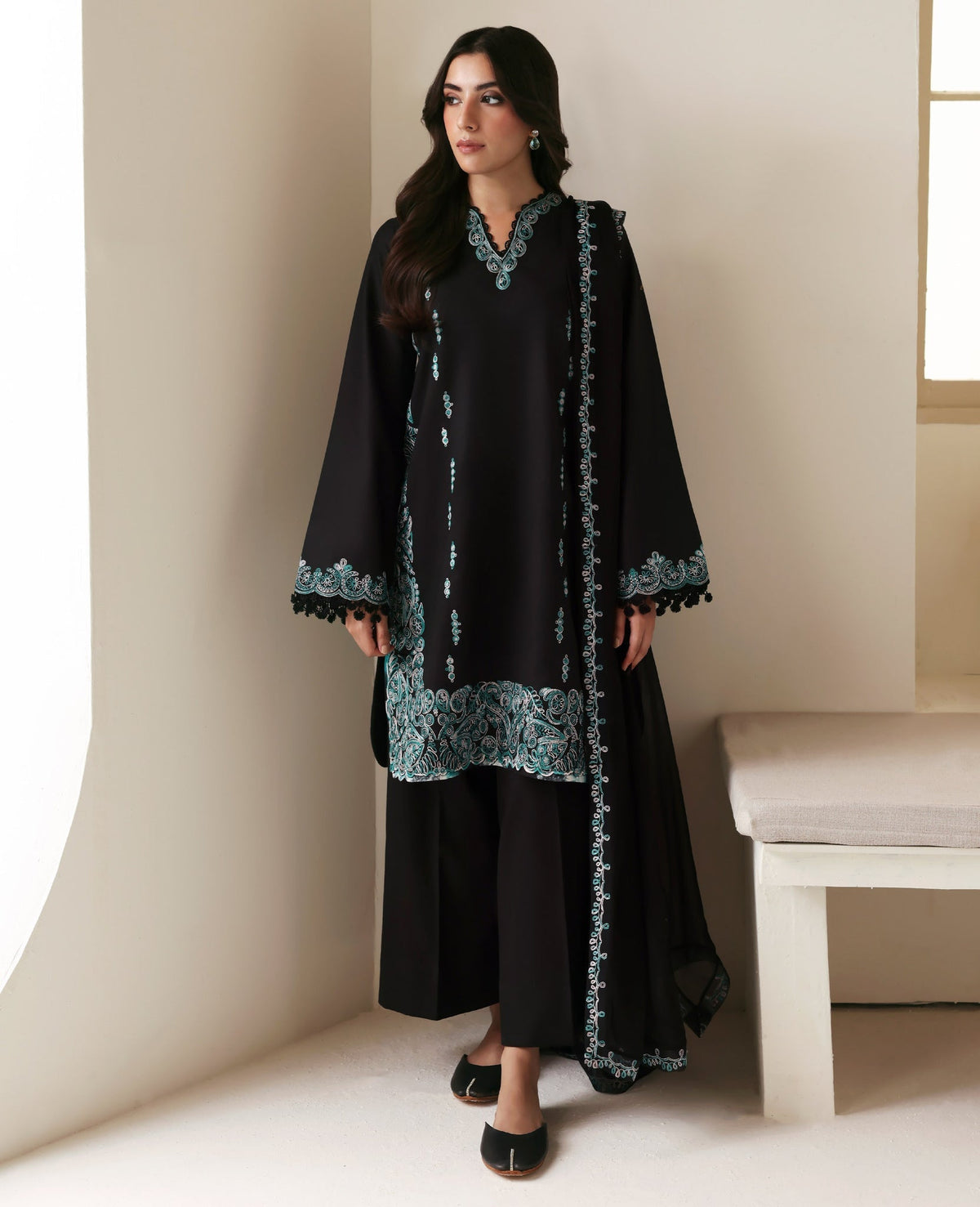 Republic Womenswear | Basics Pre Fall 25 | Noire - Formal Dress - available at Maria Faisal in UK and USA.
