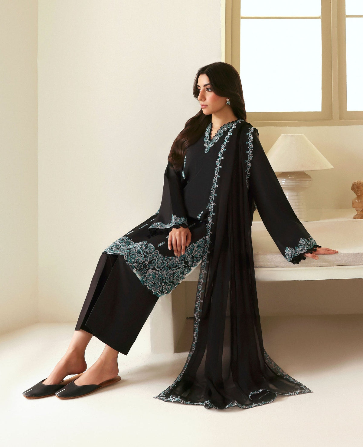 Republic Womenswear | Basics Pre Fall 25 | Noire - Formal Dress - available at Maria Faisal in UK and USA.
