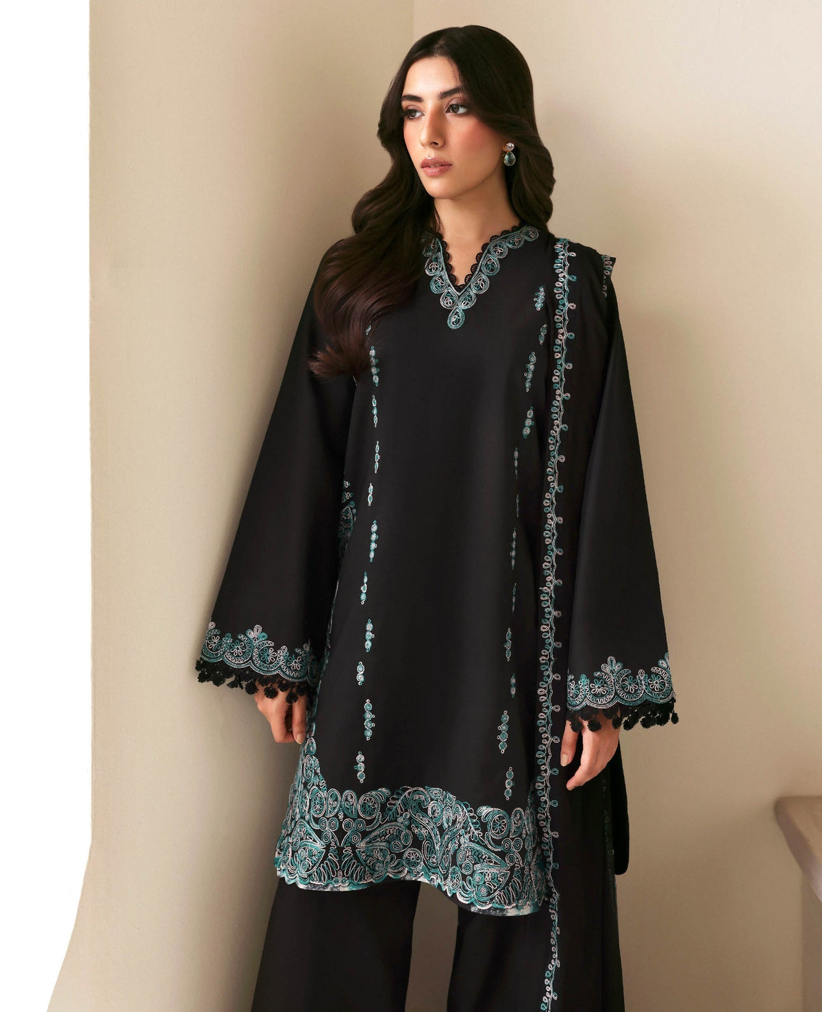 Republic Womenswear | Basics Pre Fall 25 | Noire - Formal Dress - available at Maria Faisal in UK and USA.