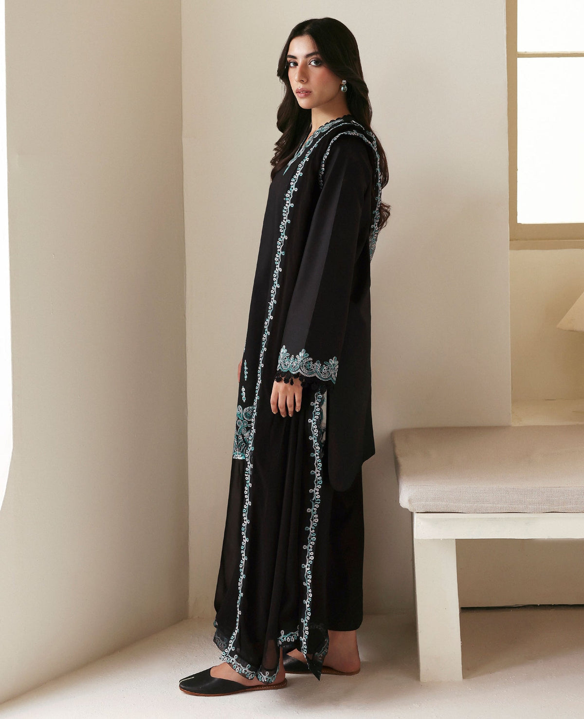 Republic Womenswear | Basics Pre Fall 25 | Noire - Formal Dress - available at Maria Faisal in UK and USA.