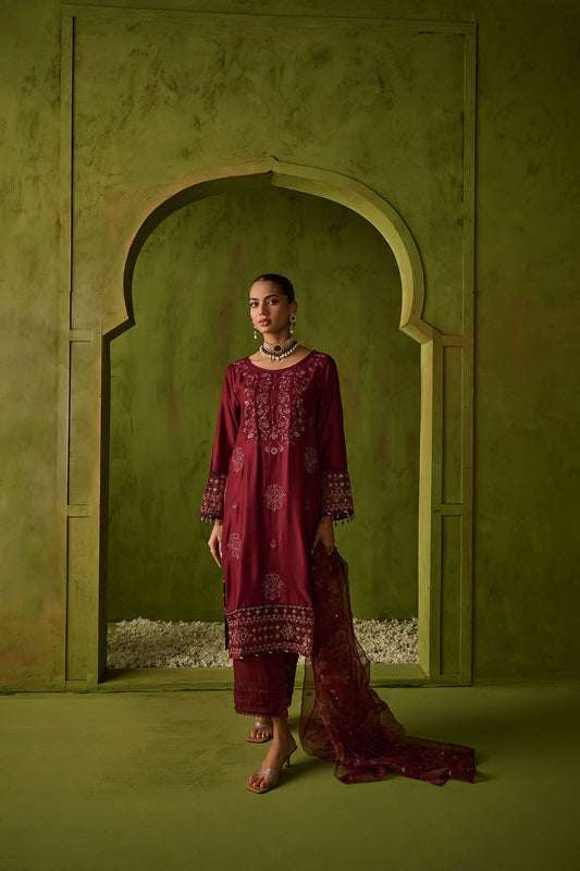 Dhanak | Festive Formals | SS24DU-3197 MAROON 3Pcs - Designer Dress with Intricate embroidery and embellishments. Shop elegent wedding dress at Maria Faisal.