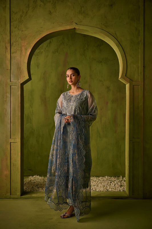 Dhanak | Festive Formals | SS24DU-3196 BLUE 3Pcs - Designer Dress with Intricate embroidery and embellishments. Shop elegent wedding dress at Maria Faisal.