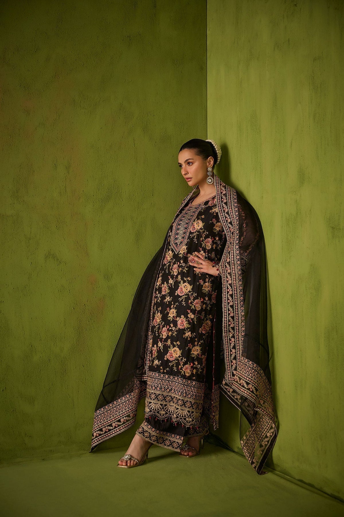 Dhanak | Festive Formals | SS24DU-3192 BLACK 3Pcs - Designer Dress with Intricate embroidery and embellishments. Shop elegent wedding dress at Maria Faisal.