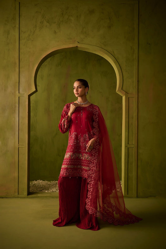 Dhanak | Festive Formals | SS24DU-3200 DARK-PINK 3Pcs - Designer Dress with Intricate embroidery and embellishments. Shop elegent wedding dress at Maria Faisal.