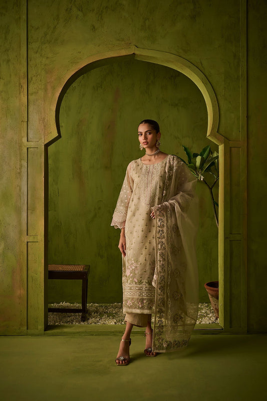 Dhanak | Festive Formals | SS24DU-3194 BEIGE 3Pcs - Designer Dress with Intricate embroidery and embellishments. Shop elegent wedding dress at Maria Faisal.