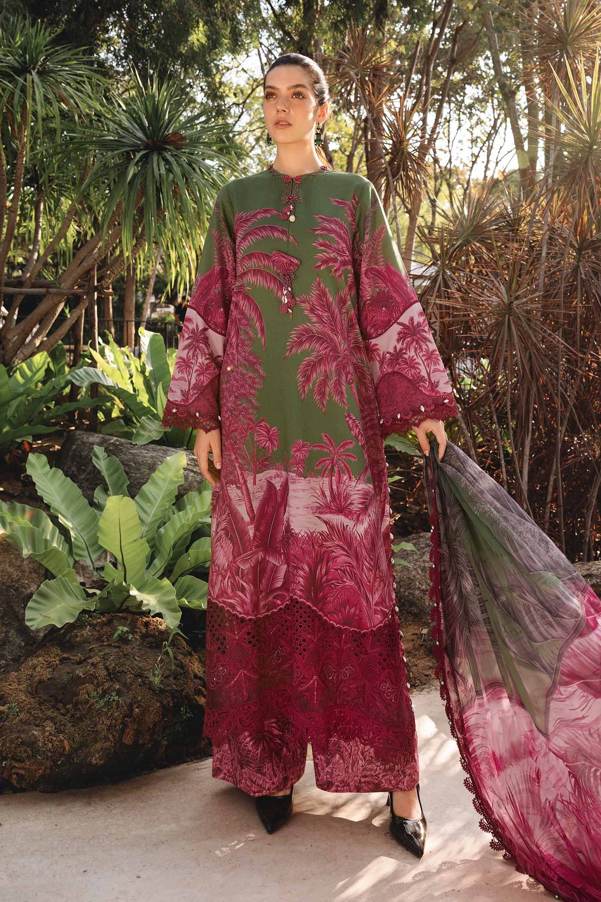 Green Long Shirt with Plazo - Maria B | M Prints Eid'26 | MPT-2911-B - Ladies Clothes - Maria Faisal