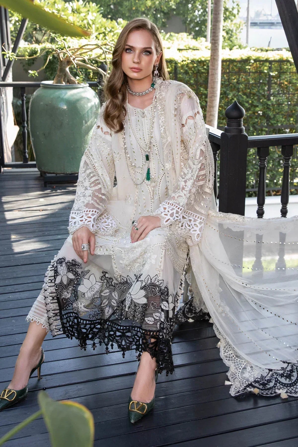 Maria B | Luxury Lawn | EL-23-02-Off White - Ladies Clothes - Maria Faisal