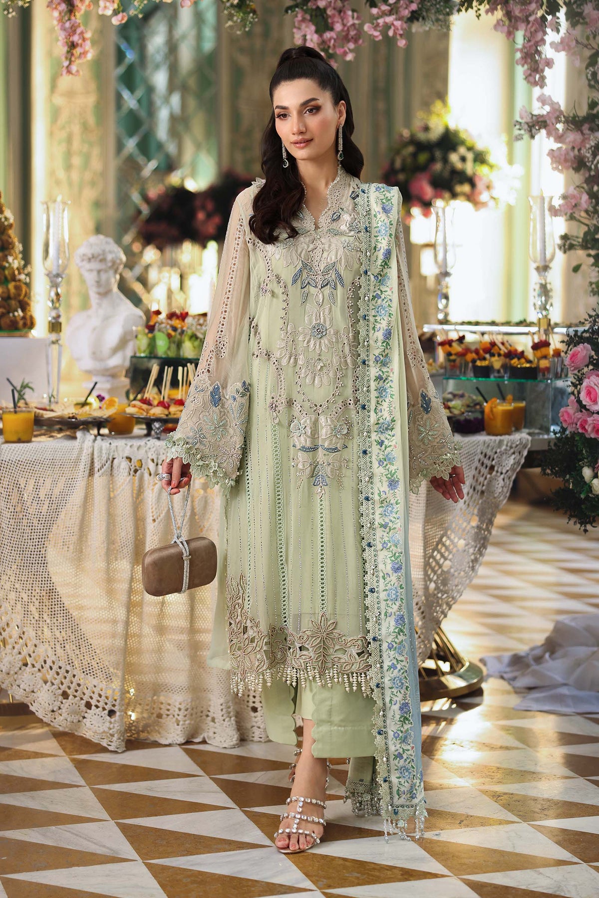 Maria b | Chiffon Formals 26 | MPC-26-105-Pistachio Green - Formal Dress - available at Maria Faisal in UK and USA.