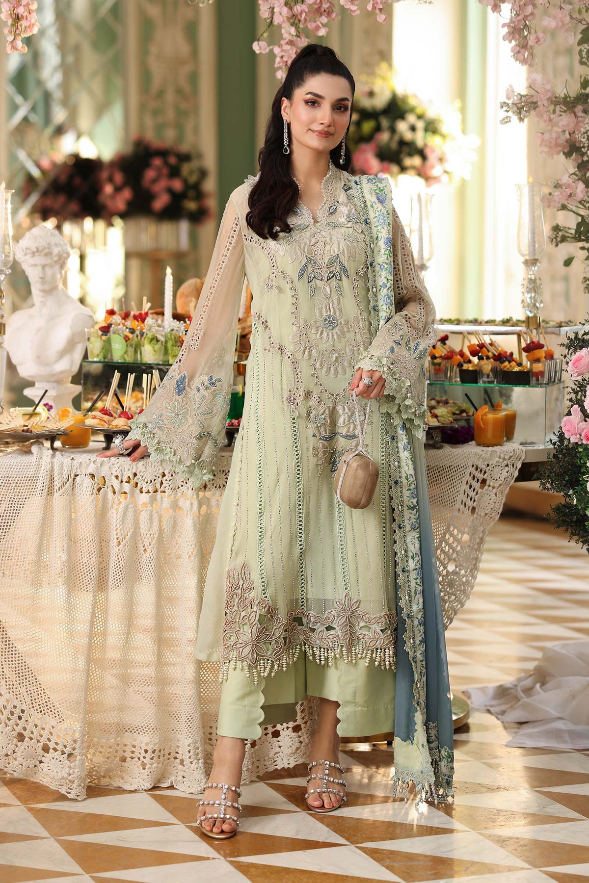 Maria b | Chiffon Formals 26 | MPC-26-105-Pistachio Green - Formal Dress - available at Maria Faisal in UK and USA.