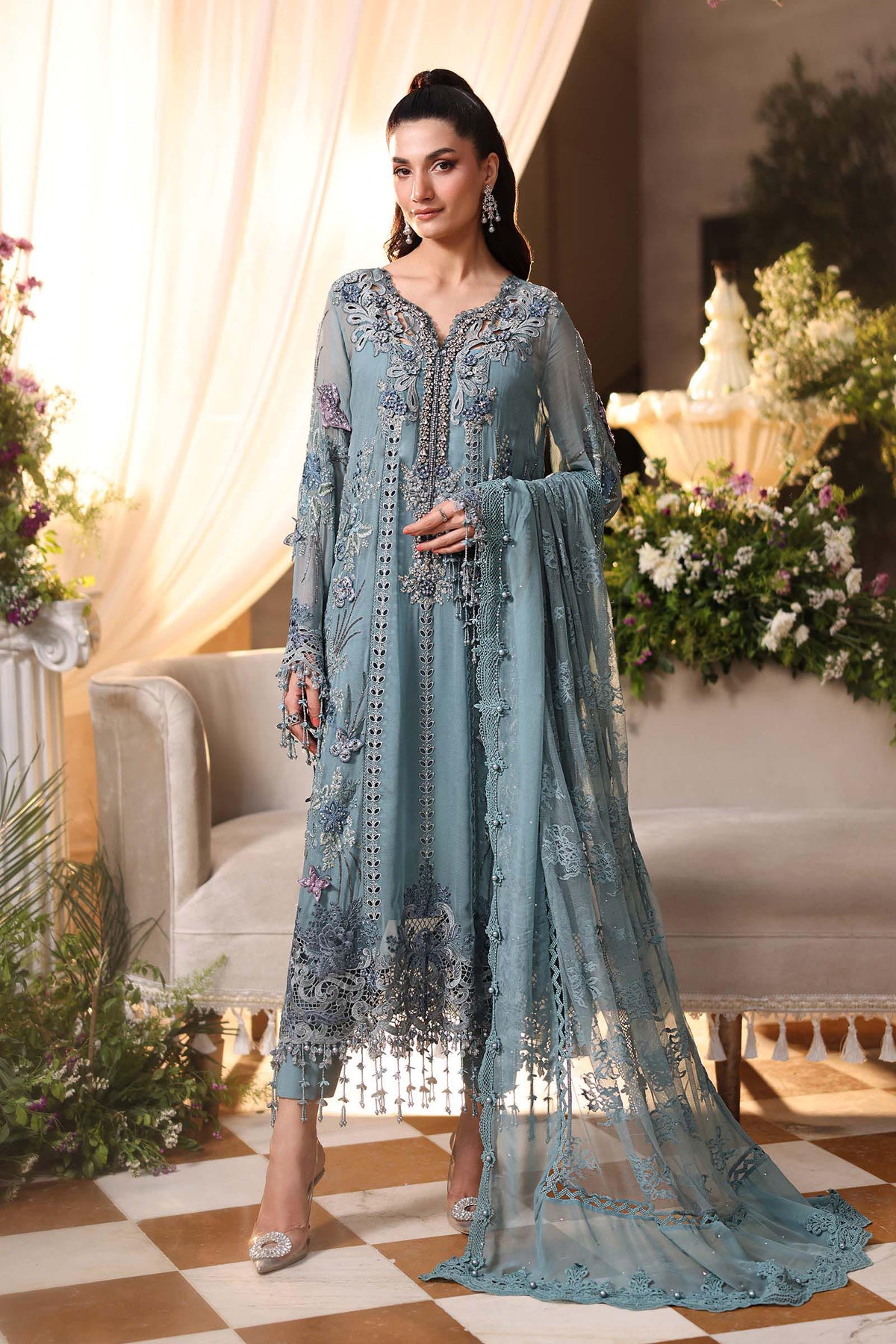Maria b | Chiffon Formals 26 | MPC-26-106-Slate Blue - Formal Dress - available at Maria Faisal in UK and USA.