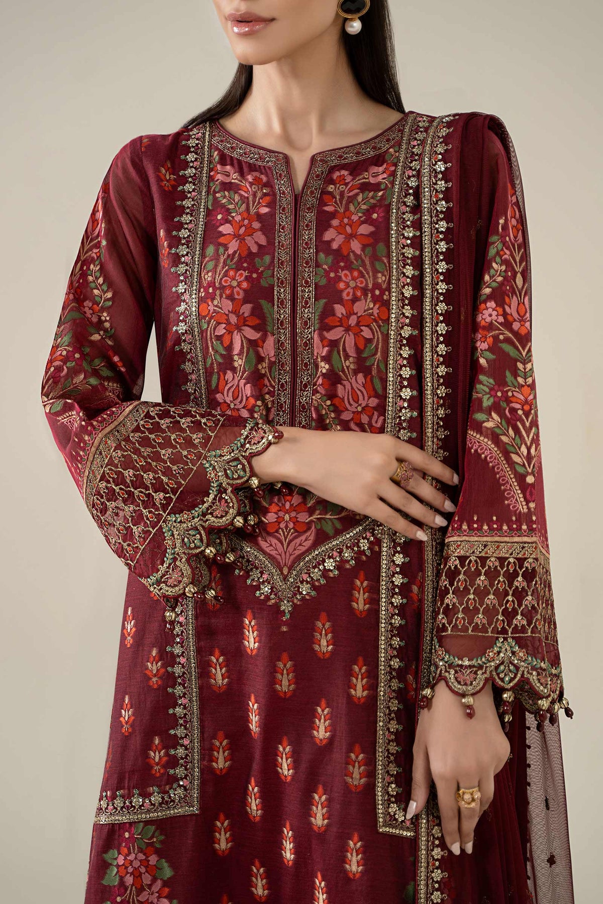 Maria B | Pre Fall Dresses | 3 Piece Embroidered Jacquard Suit Red - Ladies Clothes - Maria Faisal