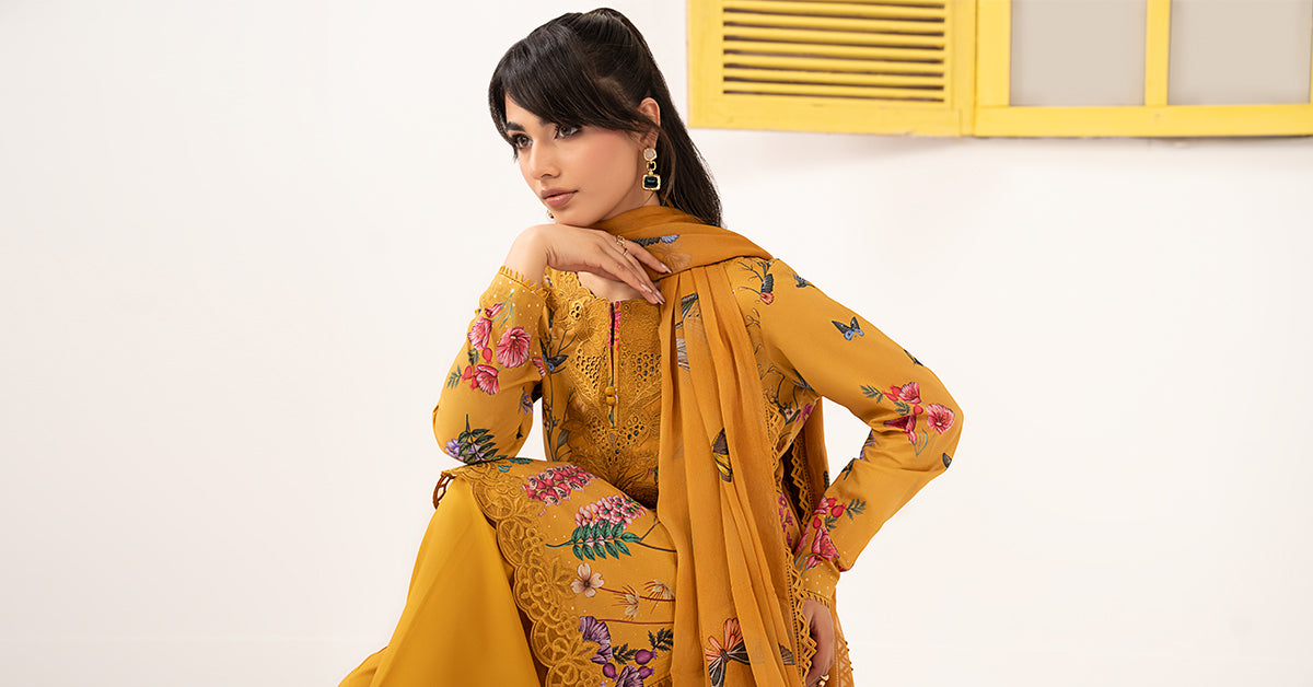 Maria B | Eid Collection 2026 | Dw-Ef26-54 Yellow - Luxury Dress - available at Maria Faisal in UK and USA.