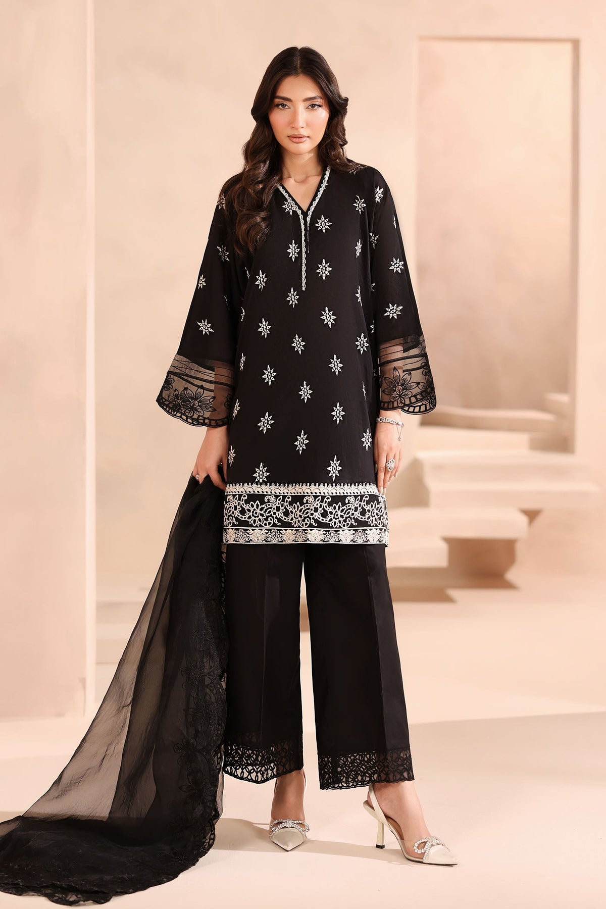 Maria B | Pre Fall Dresses | 3 Piece Embroidered Lawn Suit Black - Ladies Clothes - Maria Faisal