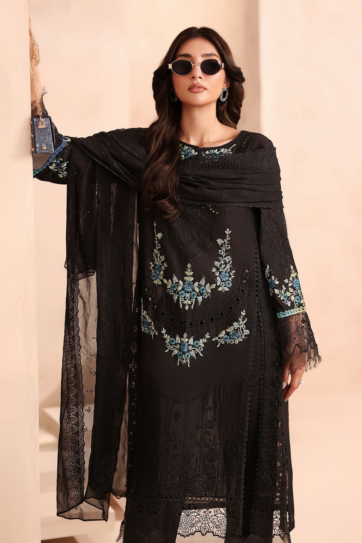 Maria B | Pre Fall Dresses | 3 Piece Embroidered Lawn Suit Black - Ladies Clothes - Maria Faisal