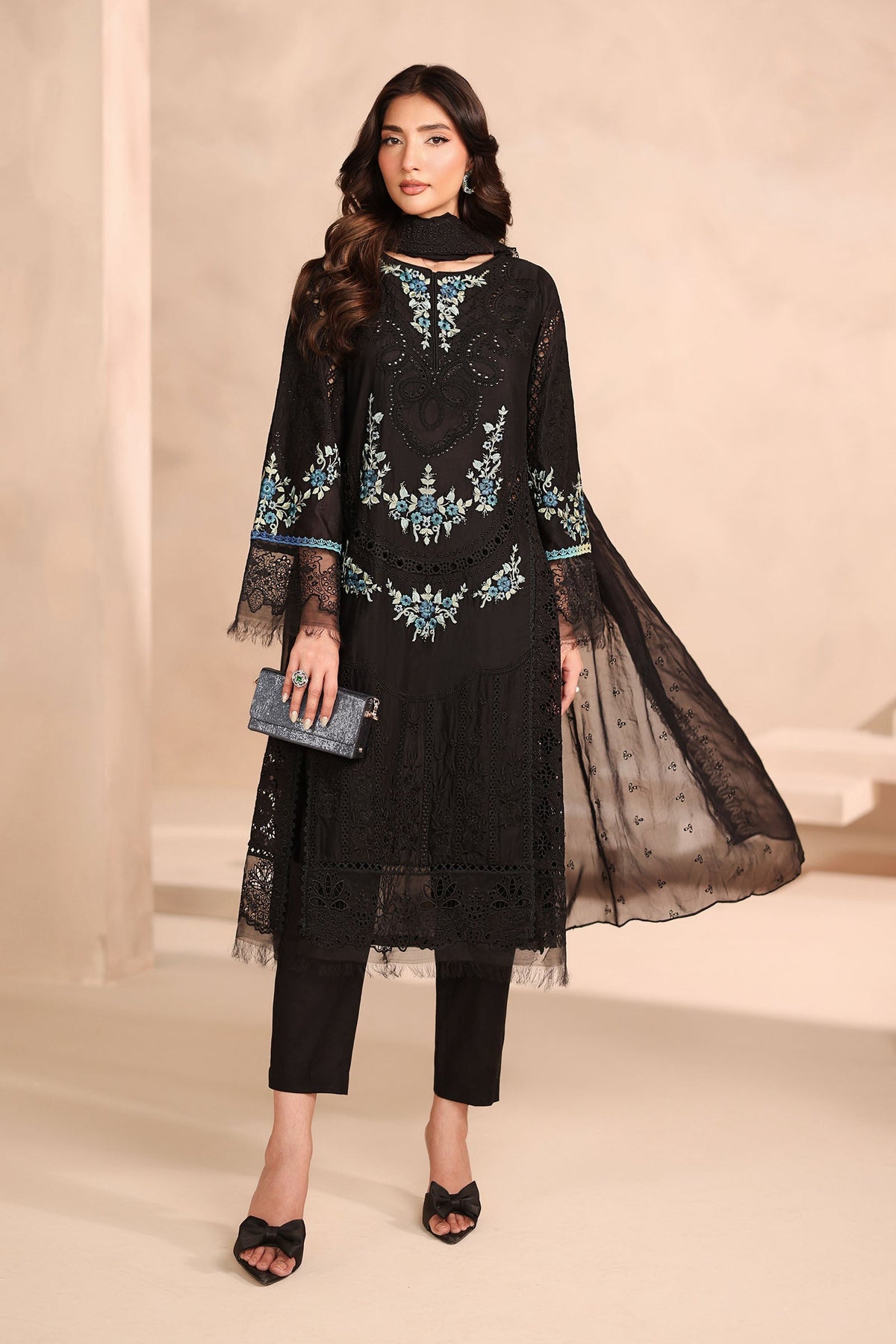 Maria B | Pre Fall Dresses | 3 Piece Embroidered Lawn Suit Black - Ladies Clothes - Maria Faisal