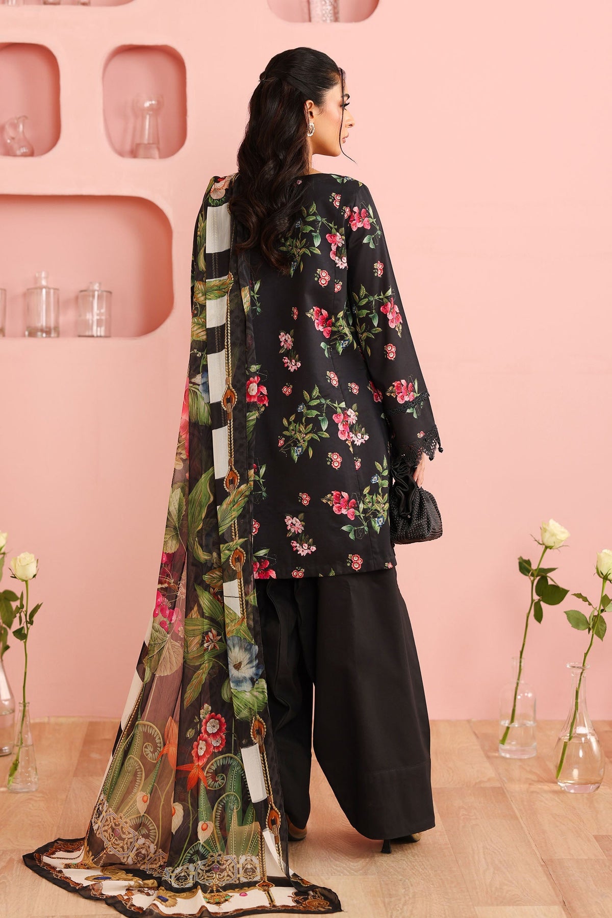 Maria B | Pre Fall Dresses | 3 Piece Embroidered Cotton Suit Black - Ladies Clothes - Maria Faisal