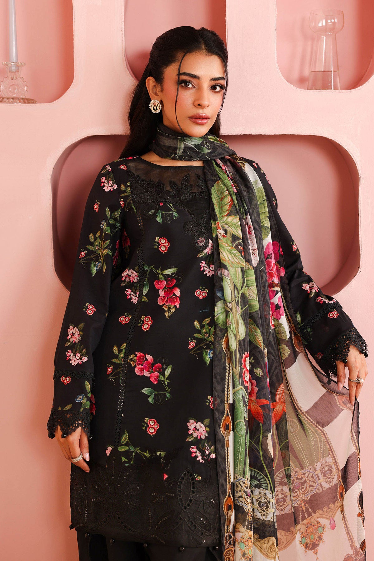 Maria B | Pre Fall Dresses | 3 Piece Embroidered Cotton Suit Black - Ladies Clothes - Maria Faisal