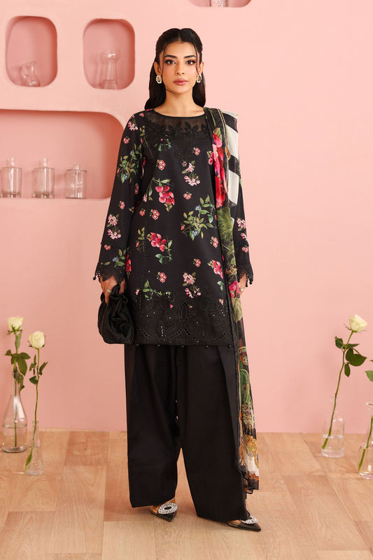 Maria B | Pre Fall Dresses | 3 Piece Embroidered Cotton Suit Black - Ladies Clothes - Maria Faisal