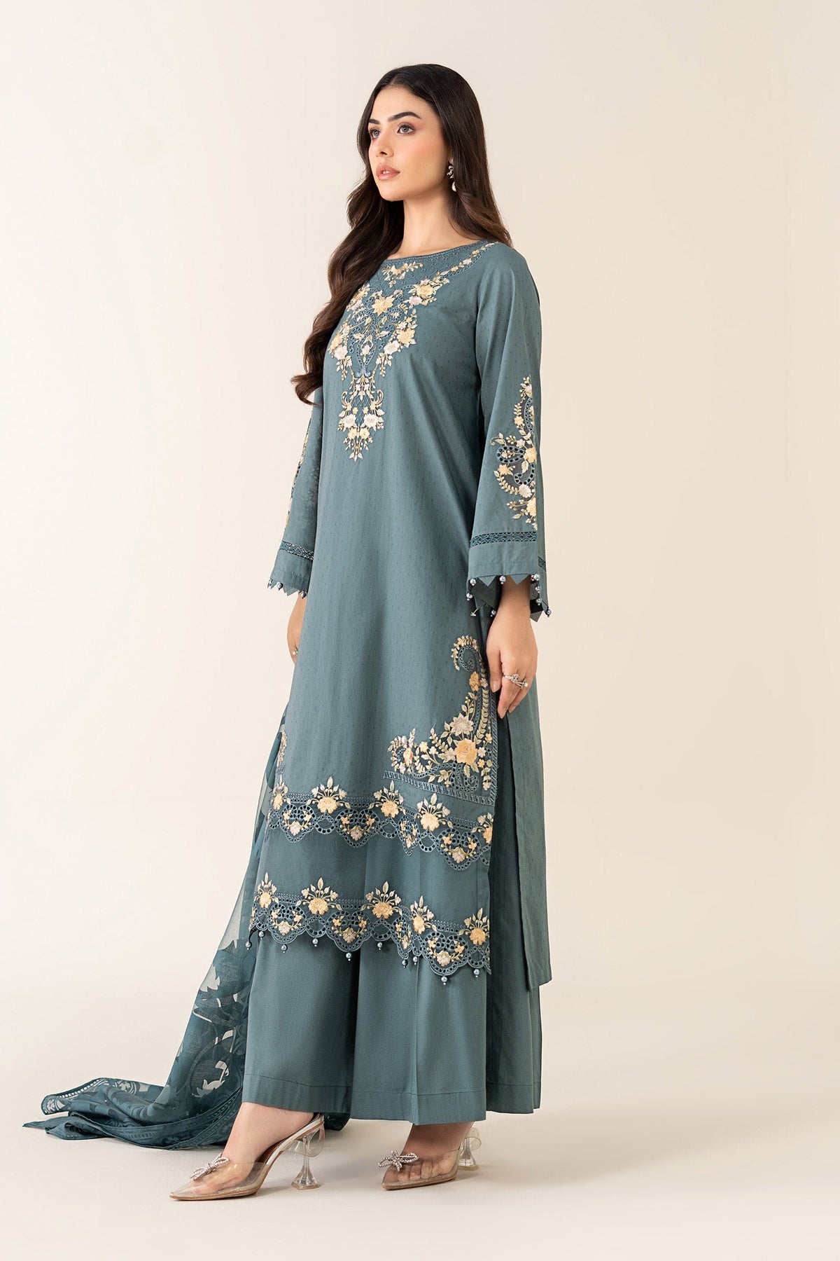 Maria B | Pre Fall Dresses | 3 Piece Embroidered Dobby Suit Teal - Ladies Clothes - Maria Faisal