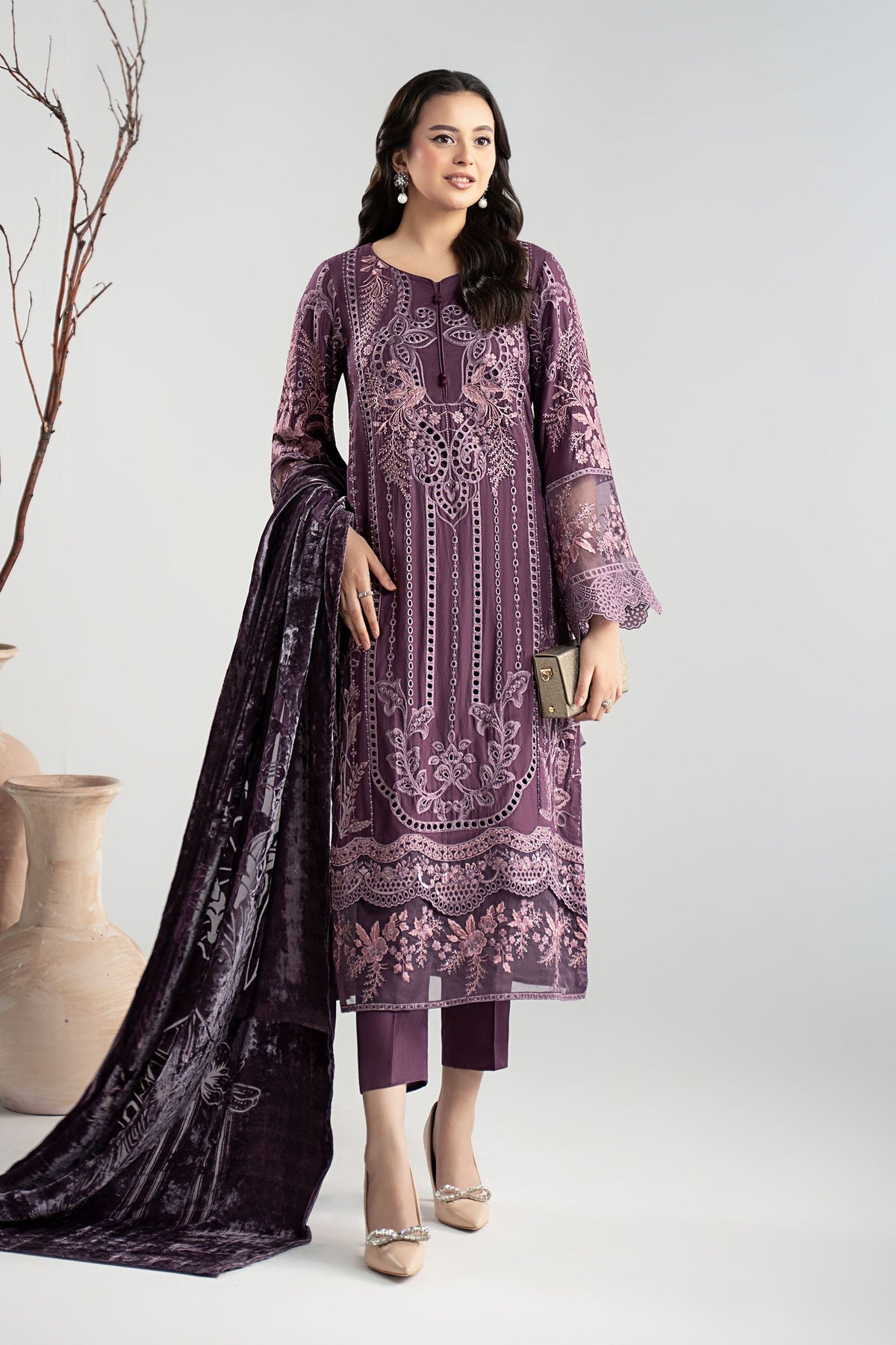 Maria B | Pre Fall Dresses | 3 Piece Embroidered Linen Suit ZD - Ladies Clothes - Maria Faisal