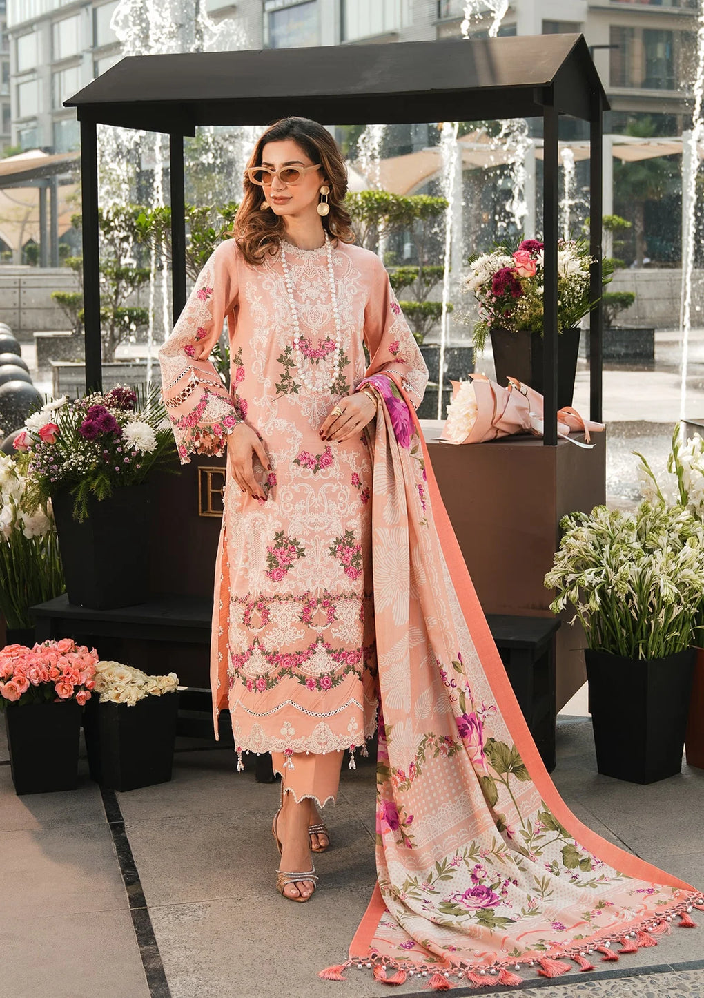 Elaf Premium | Winter Pashmina Shawl Collection | EPW-7B Flourishing Romance - Designer Dress with Intricate embroidery and embellishments. Shop elegent wedding dress at Maria Faisal.