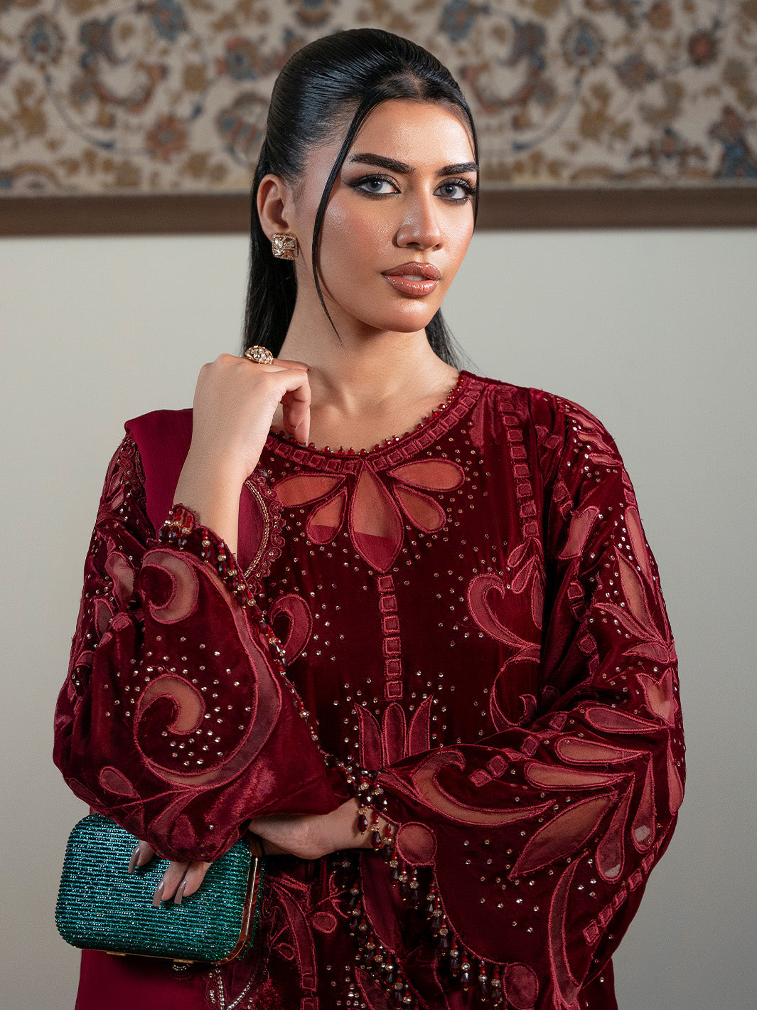 Faiza Faisal | Solene Luxury Velvets | ROUGE - Formal Dress - available at Maria Faisal in UK and USA.