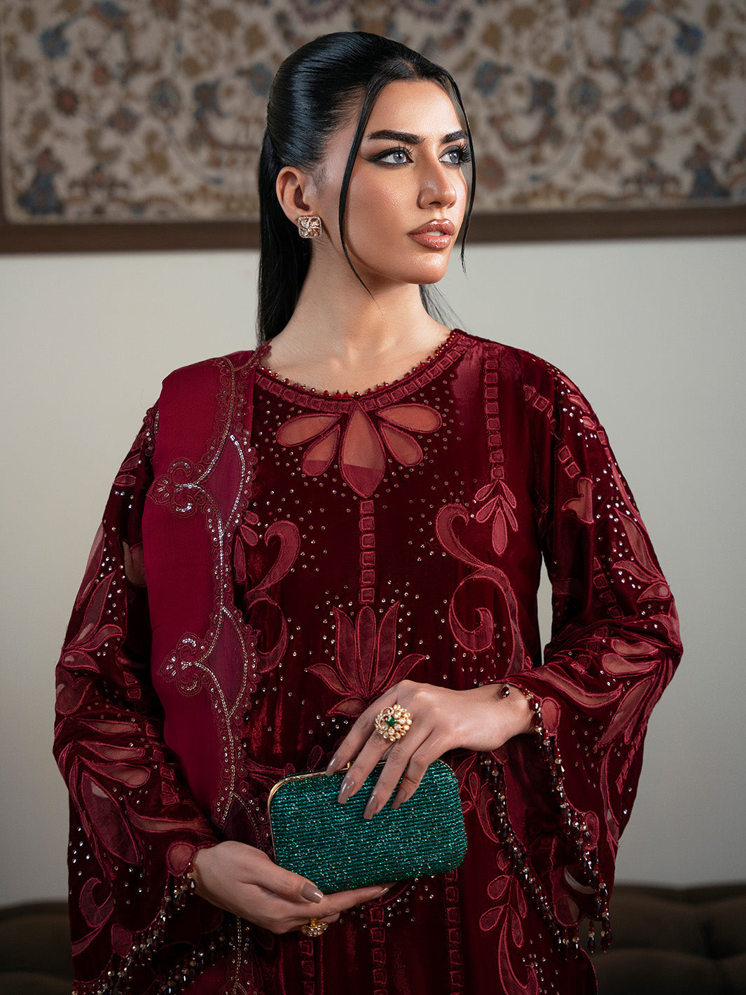 Faiza Faisal | Solene Luxury Velvets | ROUGE - Formal Dress - available at Maria Faisal in UK and USA.