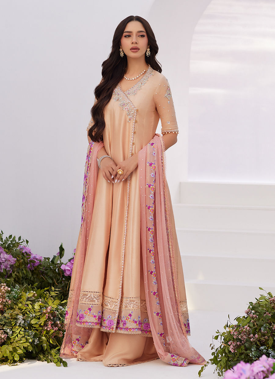 Farah Talib Aziz | Zaza Luxe Pret 24 | LISETTE FAWN EMBELLISHED RAW SILK ANGARKHA AND DUPATTA - Ladies Clothes - Maria Faisal
