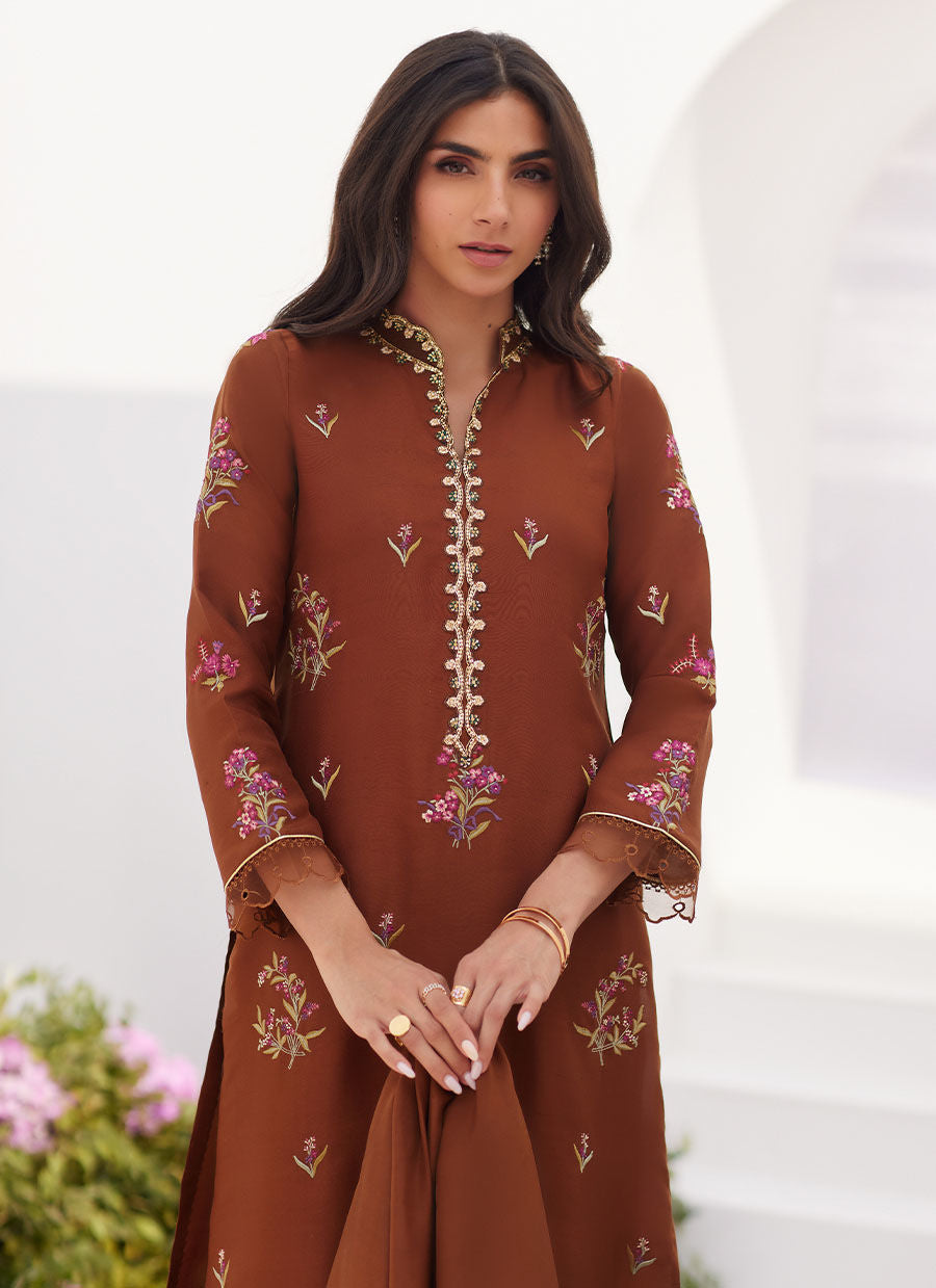 Farah Talib Aziz | Zaza Luxe Pret 24 | NOEMIE CHOCOLATE EMBROIDERED RAW SILK SHIRT AND DUPATTA - Ladies Clothes - Maria Faisal