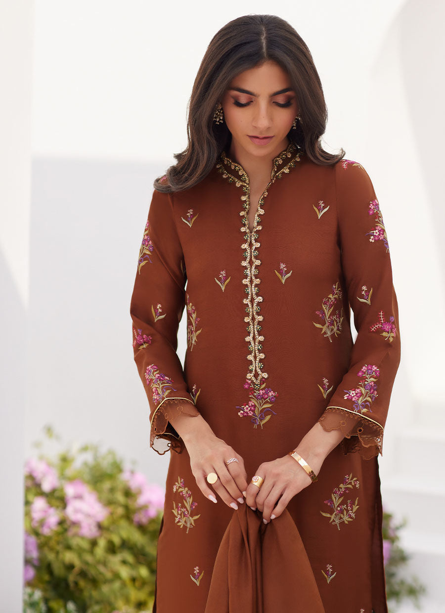 Farah Talib Aziz | Zaza Luxe Pret 24 | NOEMIE CHOCOLATE EMBROIDERED RAW SILK SHIRT AND DUPATTA - Ladies Clothes - Maria Faisal