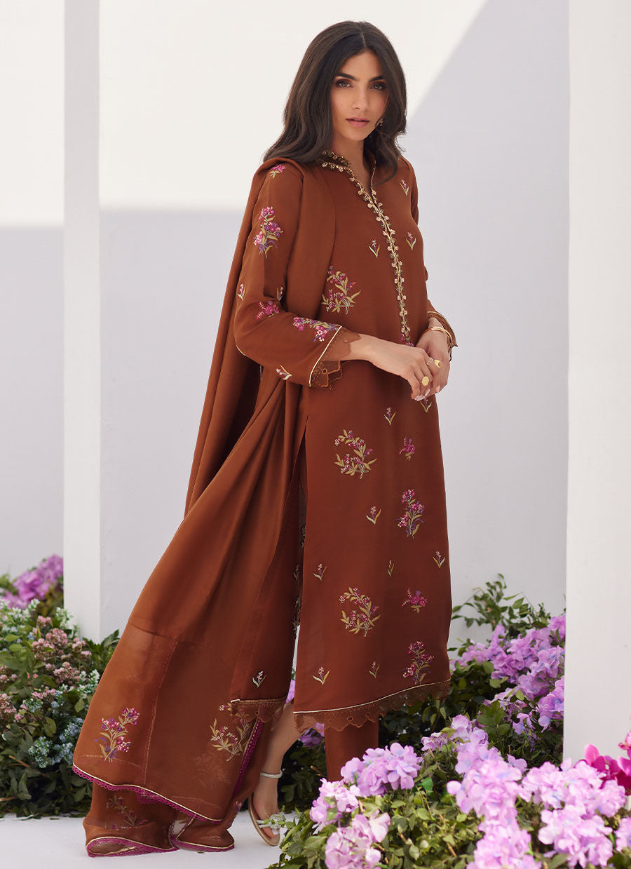 Farah Talib Aziz | Zaza Luxe Pret 24 | NOEMIE CHOCOLATE EMBROIDERED RAW SILK SHIRT AND DUPATTA - Ladies Clothes - Maria Faisal
