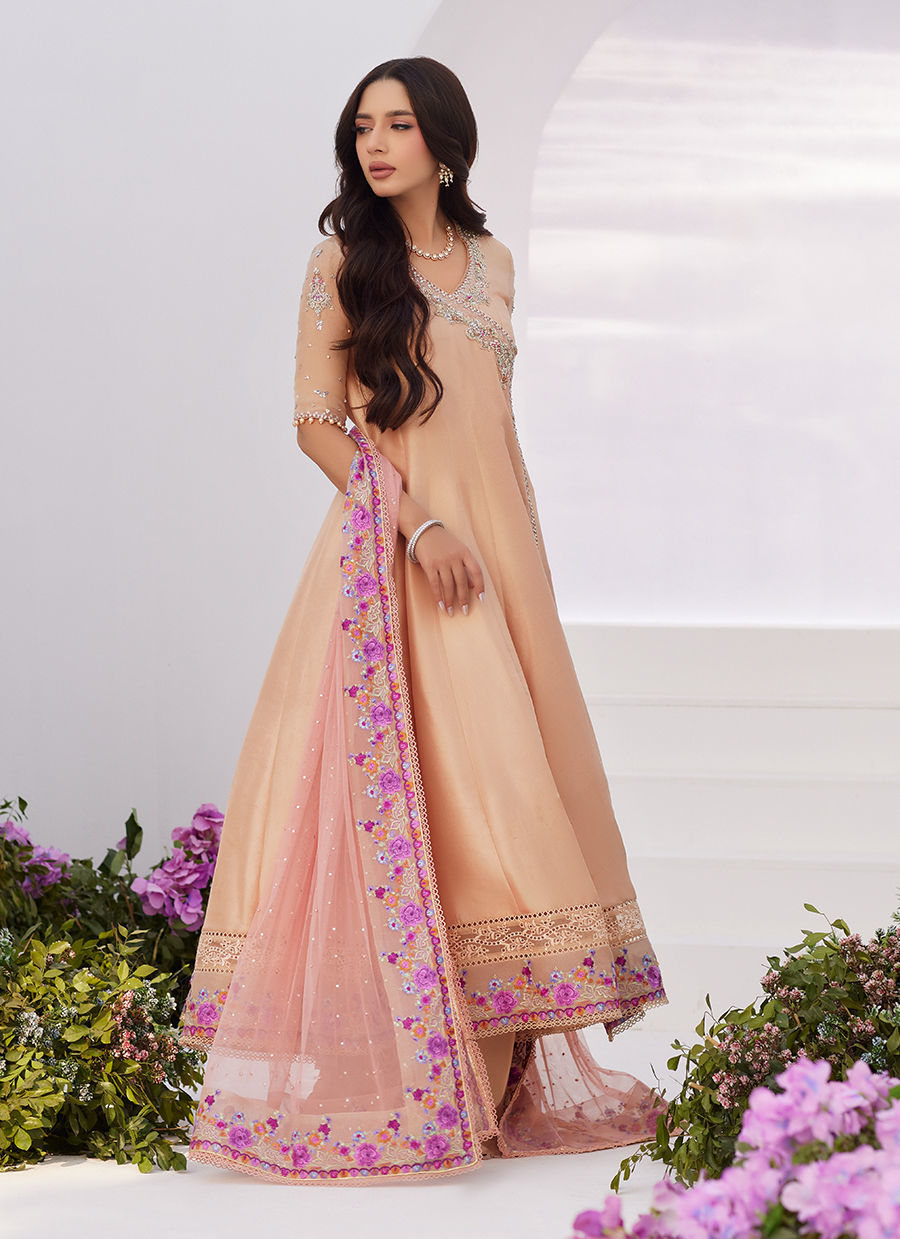 Farah Talib Aziz | Zaza Luxe Pret 24 | LISETTE FAWN EMBELLISHED RAW SILK ANGARKHA AND DUPATTA - Ladies Clothes - Maria Faisal