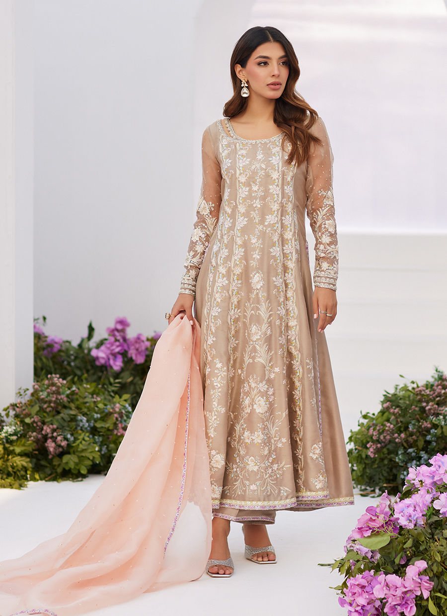 Farah Talib Aziz | Zaza Luxe Pret 24 | CHARLENE SAND EMBROIDERED KALIDAAR WITH DUPATTA - Ladies Clothes - Maria Faisal