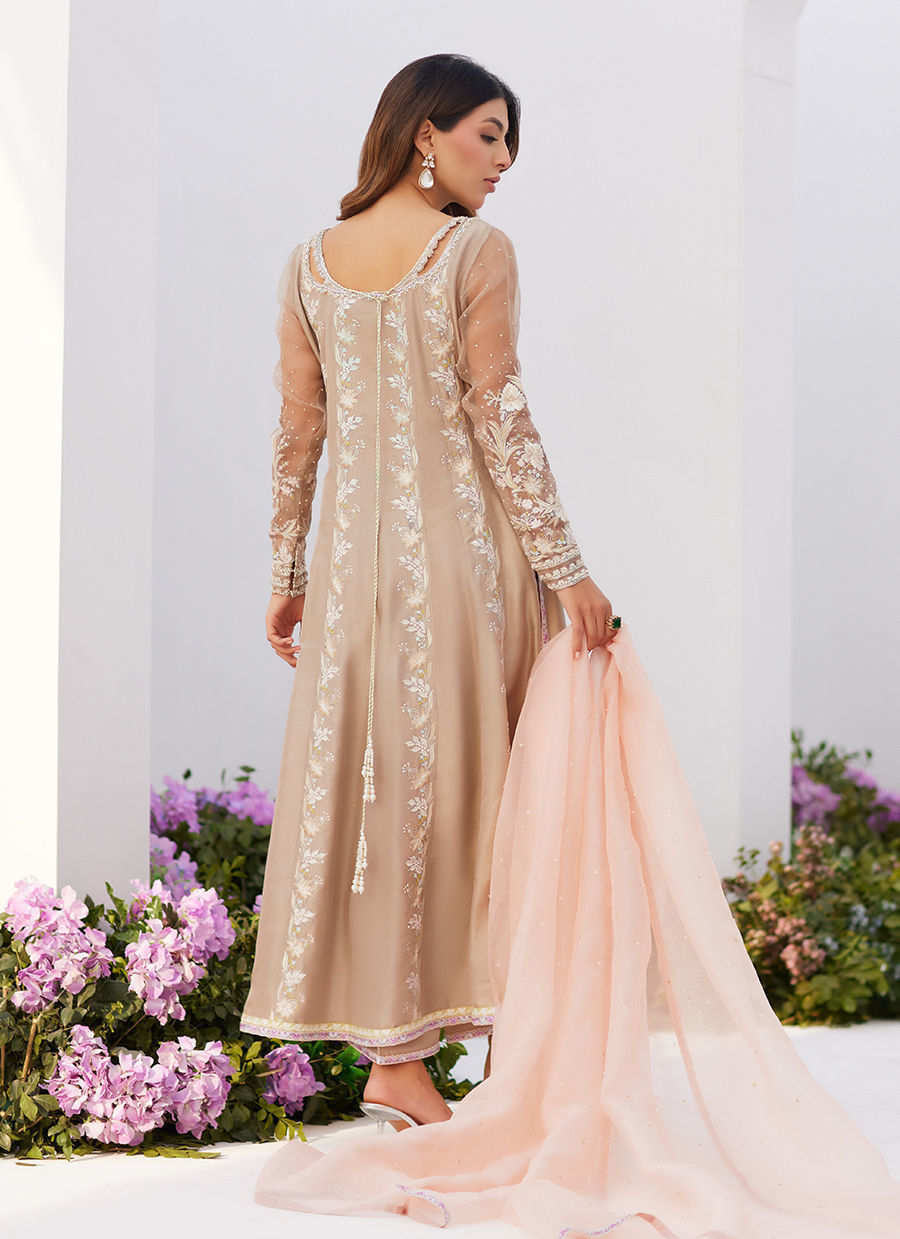 Farah Talib Aziz | Zaza Luxe Pret 24 | CHARLENE SAND EMBROIDERED KALIDAAR WITH DUPATTA - Ladies Clothes - Maria Faisal