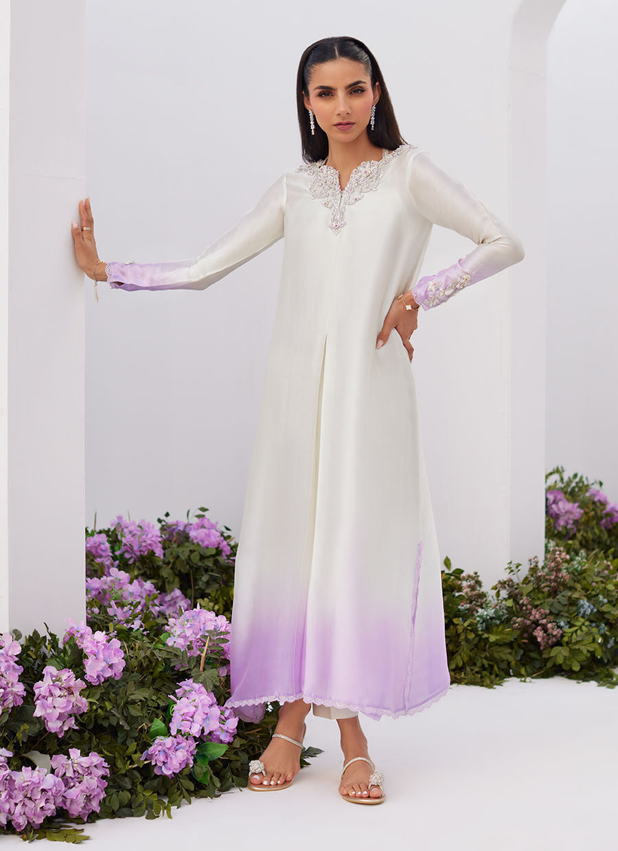 Farah Talib Aziz | Zaza Luxe Pret 24 | LIQUE SILVER OMBRE EMBELLISHED KAFTAAN CUT SHIRT - Ladies Clothes - Maria Faisal