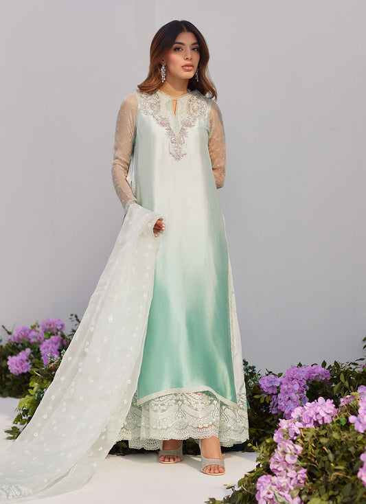 Farah Talib Aziz | Zaza Luxe Pret 24 | SOLENE AQUA OMBRE EMBELLISHED COLUMN SHIRT WITH EMBROIDERED KALIDAAR SLIP - Ladies Clothes - Maria Faisal