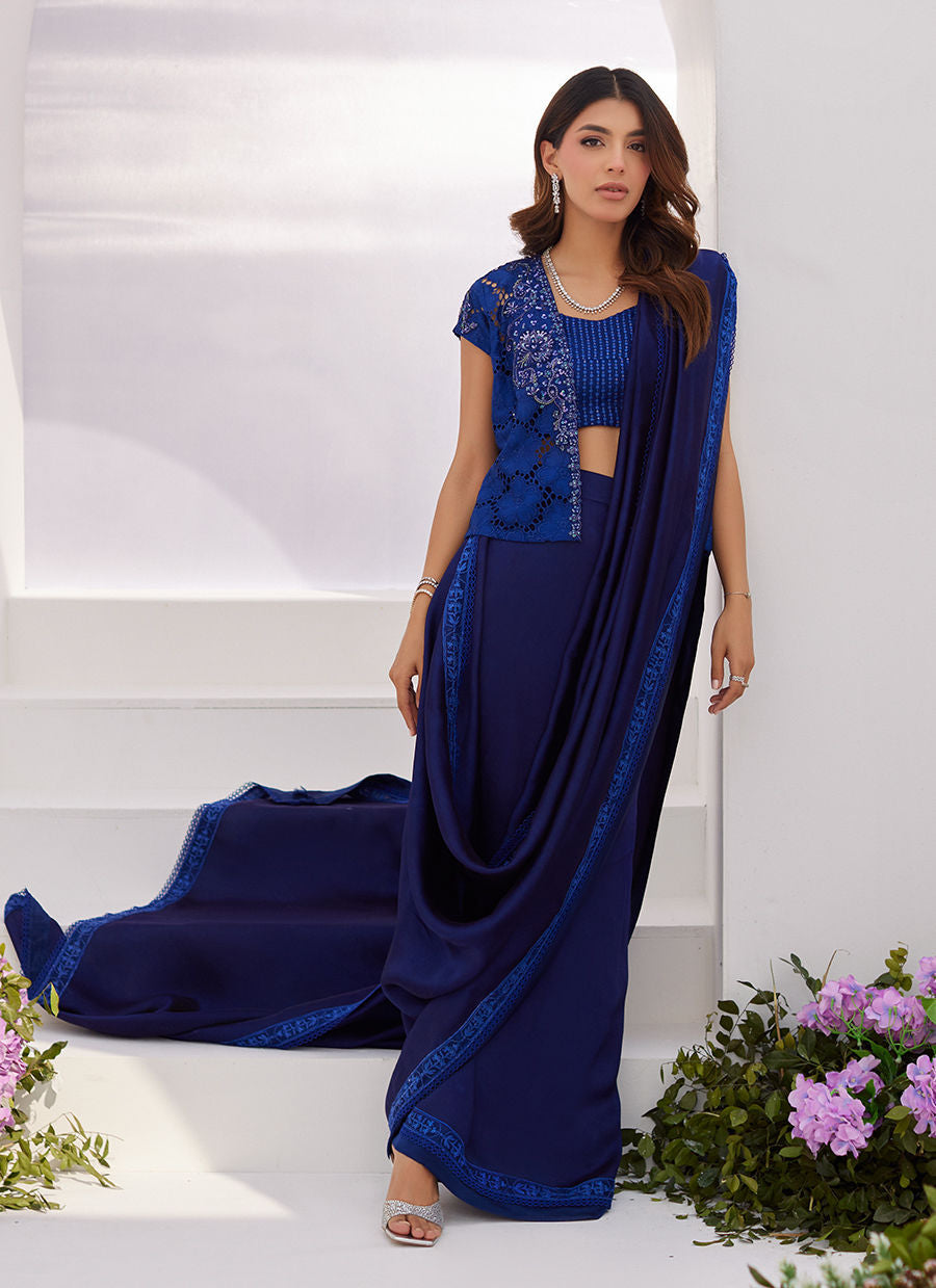 Farah Talib Aziz | Zaza Luxe Pret 24 | OCEAN NAVY DRAPED SAREE WITH CUTWORK EMBELLISHED CAPE - Ladies Clothes - Maria Faisal