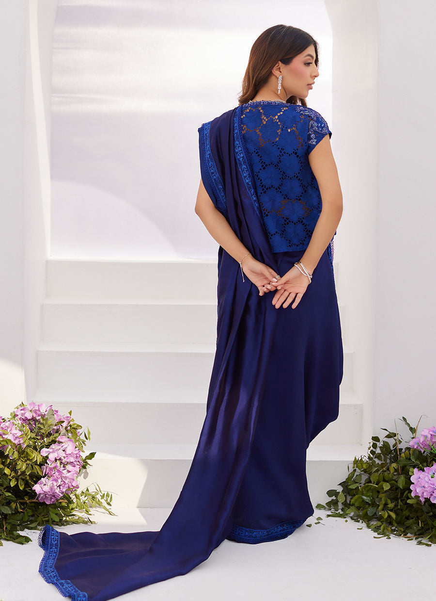 Farah Talib Aziz | Zaza Luxe Pret 24 | OCEAN NAVY DRAPED SAREE WITH CUTWORK EMBELLISHED CAPE - Ladies Clothes - Maria Faisal