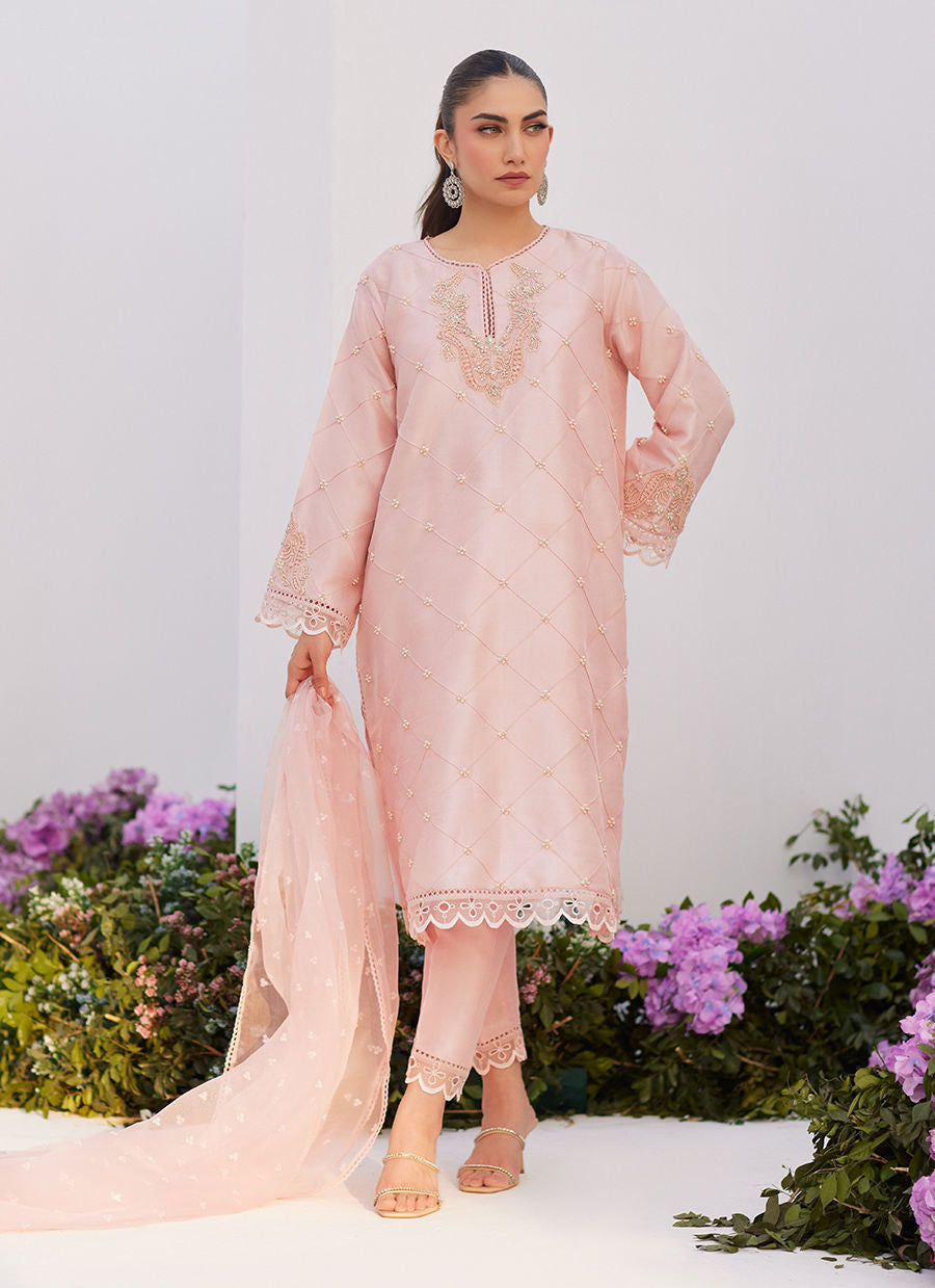 Farah Talib Aziz | Zaza Luxe Pret 24 | BEBE BLUSH PINK EMBELLISHED RAW SILK KURTA SHIRT AND DUPATTA - Ladies Clothes - Maria Faisal