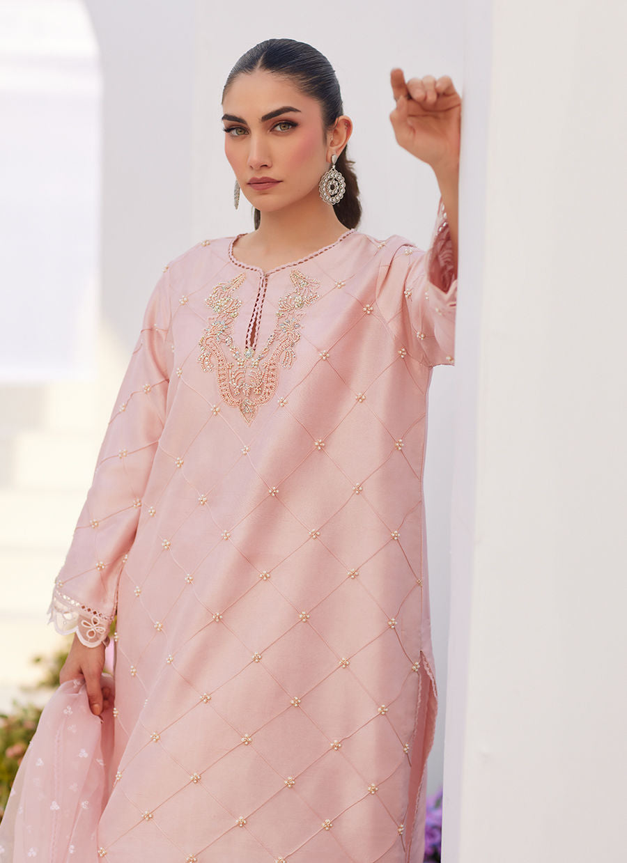 Farah Talib Aziz | Zaza Luxe Pret 24 | BEBE BLUSH PINK EMBELLISHED RAW SILK KURTA SHIRT AND DUPATTA - Ladies Clothes - Maria Faisal