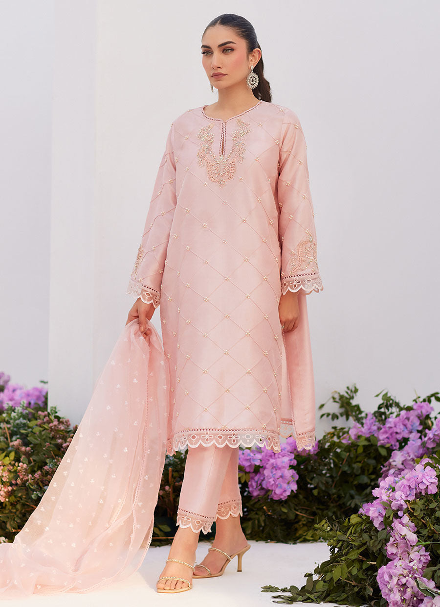 Farah Talib Aziz | Zaza Luxe Pret 24 | BEBE BLUSH PINK EMBELLISHED RAW SILK KURTA SHIRT AND DUPATTA - Ladies Clothes - Maria Faisal
