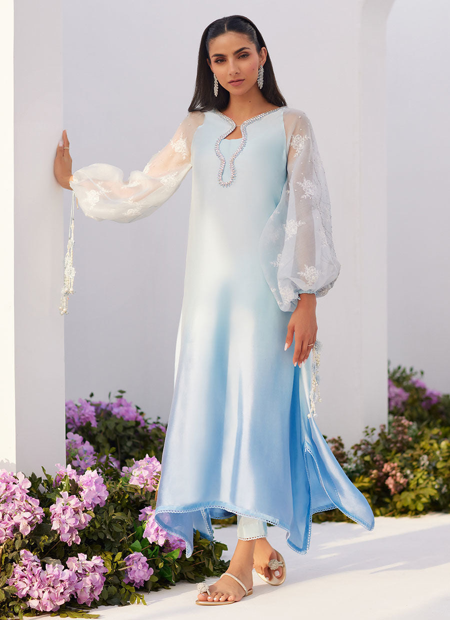 Farah Talib Aziz | Zaza Luxe Pret 24 | BOW OMBRE BLUE EMBELLISHED KAFTAN CUT SHIRT - Ladies Clothes - Maria Faisal
