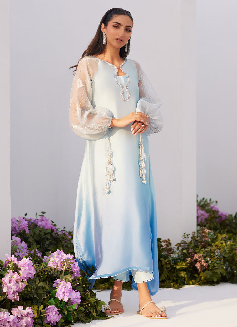 Farah Talib Aziz | Zaza Luxe Pret 24 | BOW OMBRE BLUE EMBELLISHED KAFTAN CUT SHIRT - Ladies Clothes - Maria Faisal